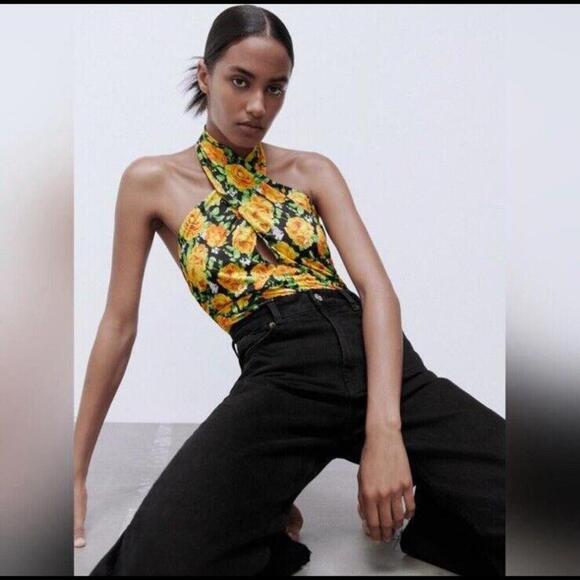 Zara High Halter Neck Twist Ruched Floral Stretch Bodysuit Yellow Sz SMALL NWT! - Picture 8 of 11